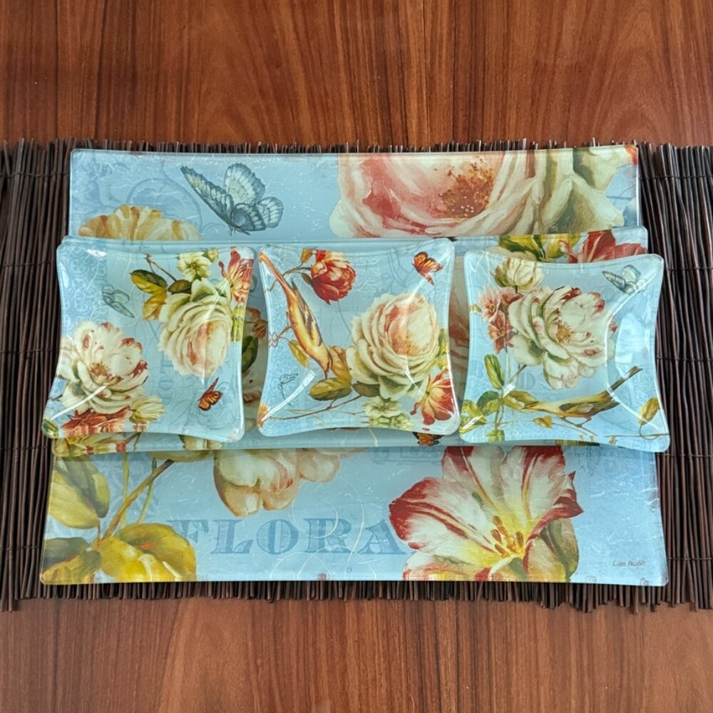Spring Romance 5-Piece Glass Serving Set Blue Floral Platters Bowls 593877